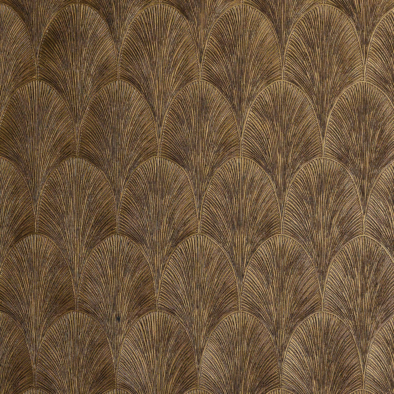 Close-up of Tourmaline Gold wallpaper by Casamance, scalloped Art Deco fan pattern in metallic golden brown tones