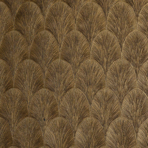 Close-up of Tourmaline Gold wallpaper by Casamance, scalloped Art Deco fan pattern in metallic golden brown tones