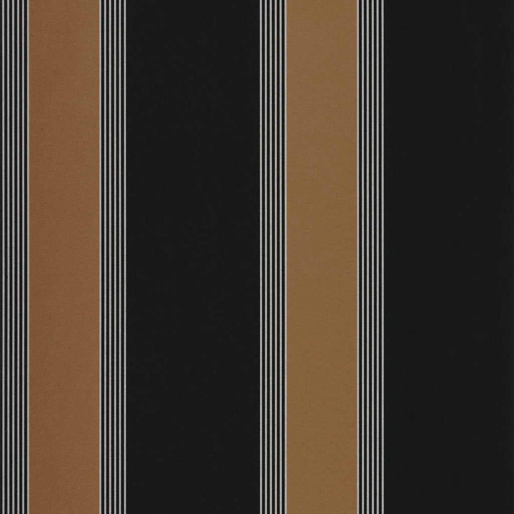 Flat swatch of Auteuil Stripe Black wallpaper by Casamance showing bold black and tan stripes with fine pinstripe detailing