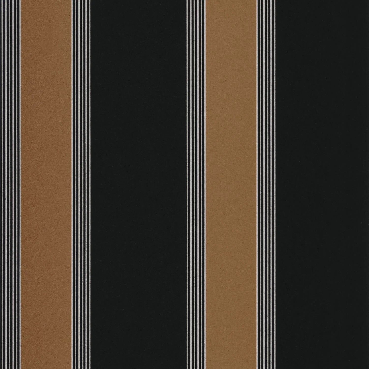 Flat swatch of Auteuil Stripe Black wallpaper by Casamance showing bold black and tan stripes with fine pinstripe detailing