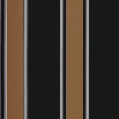 Flat swatch of Auteuil Stripe Black wallpaper by Casamance showing bold black and tan stripes with fine pinstripe detailing