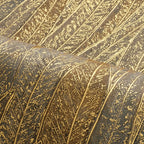 Cinerea Leaves wallpaper by Casamance in Charcoal and Gold, close detail of gold-veined leaves on a dark ground