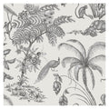 Moa Jungle wallpaper by Sandberg, flat swatch of the toile jungle with palms, peacock, monkey and tortoise in grey on white
