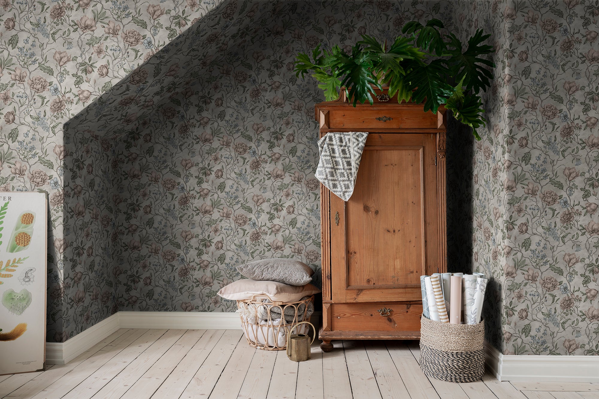 Linda wallpaper by Sandberg in Clay, styled on an interior wall