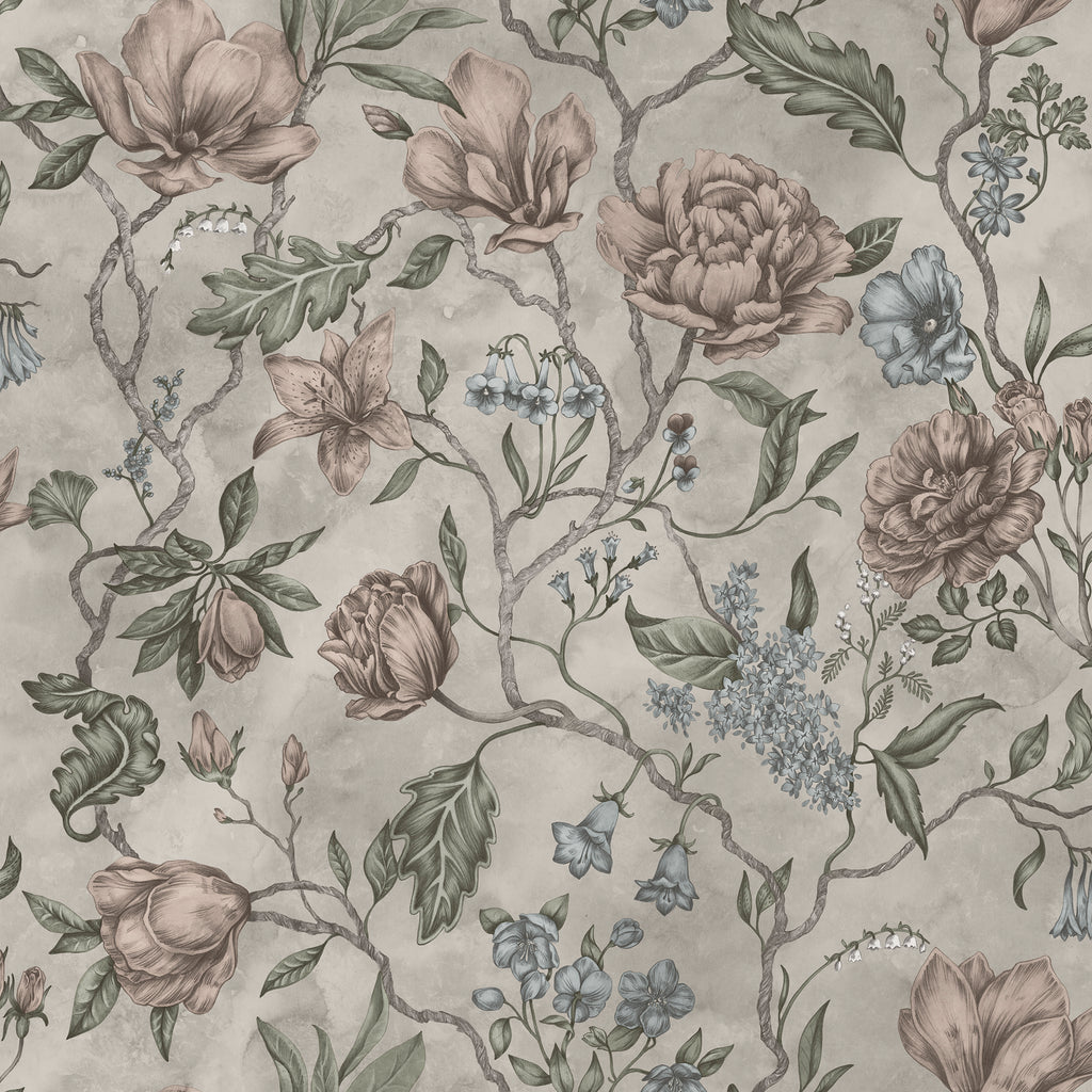 Linda wallpaper by Sandberg, flat swatch of magnolias, peonies and trailing branches in blush and green on greige