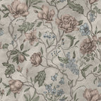 Linda wallpaper by Sandberg, flat swatch of magnolias, peonies and trailing branches in blush and green on greige