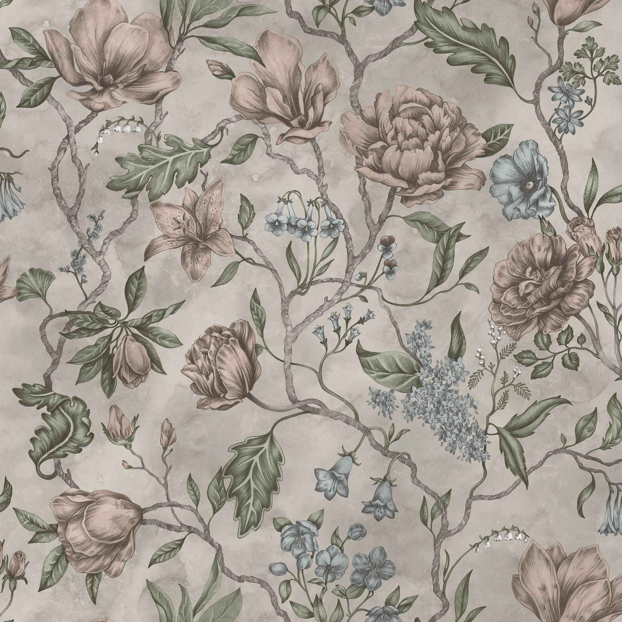 Linda wallpaper by Sandberg, flat swatch of magnolias, peonies and trailing branches in blush and green on greige