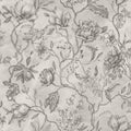 Linda wallpaper by Sandberg, flat swatch of magnolias, peonies and trailing branches in tonal grey on off-white