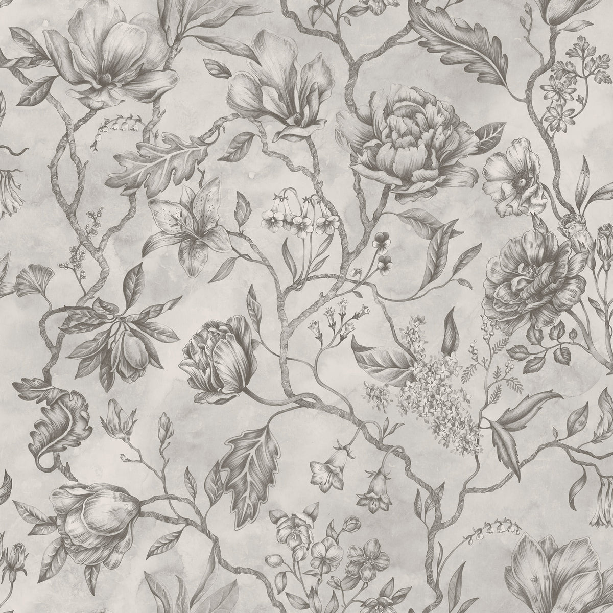 Linda wallpaper by Sandberg, flat swatch of magnolias, peonies and trailing branches in tonal grey on off-white