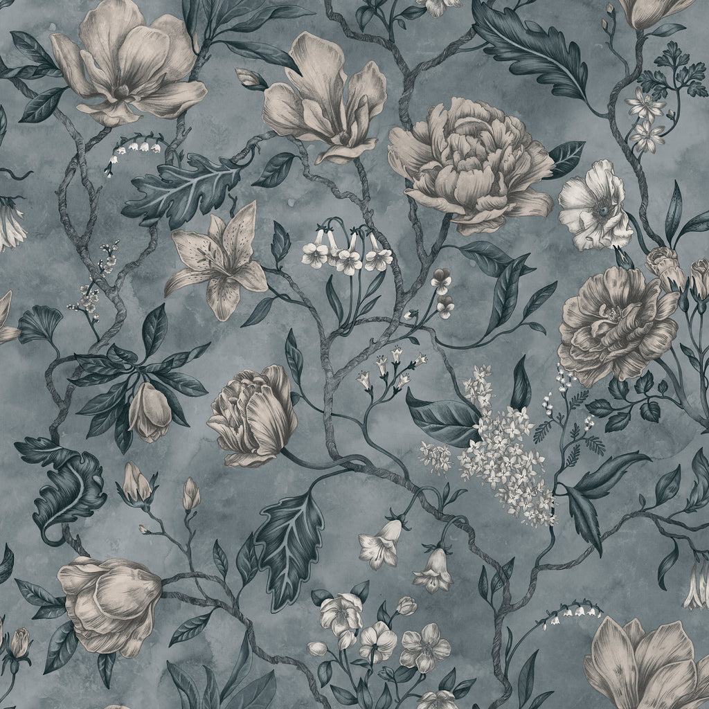 Linda wallpaper by Sandberg, flat swatch of magnolias, peonies and trailing branches in cream on moody slate blue