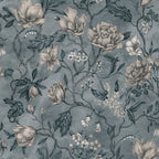 Linda wallpaper by Sandberg, flat swatch of magnolias, peonies and trailing branches in cream on moody slate blue
