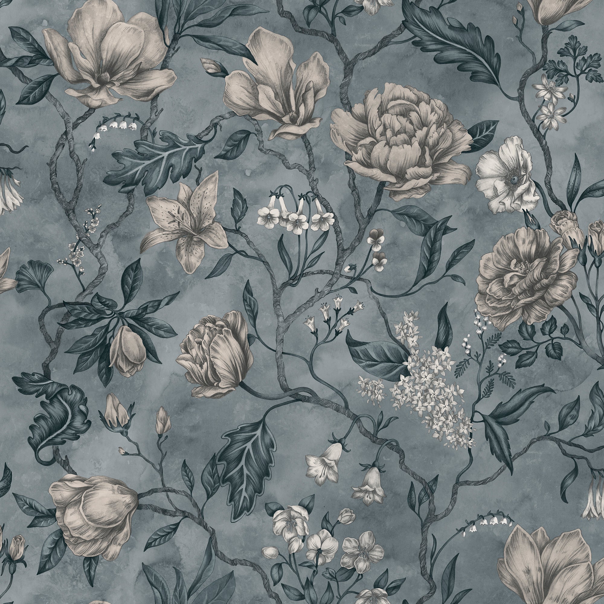 Linda wallpaper by Sandberg, flat swatch of magnolias, peonies and trailing branches in cream on moody slate blue