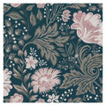 Ava floral wallpaper by Sandberg, flat swatch of soft pink flowers and grey foliage on teal-navy