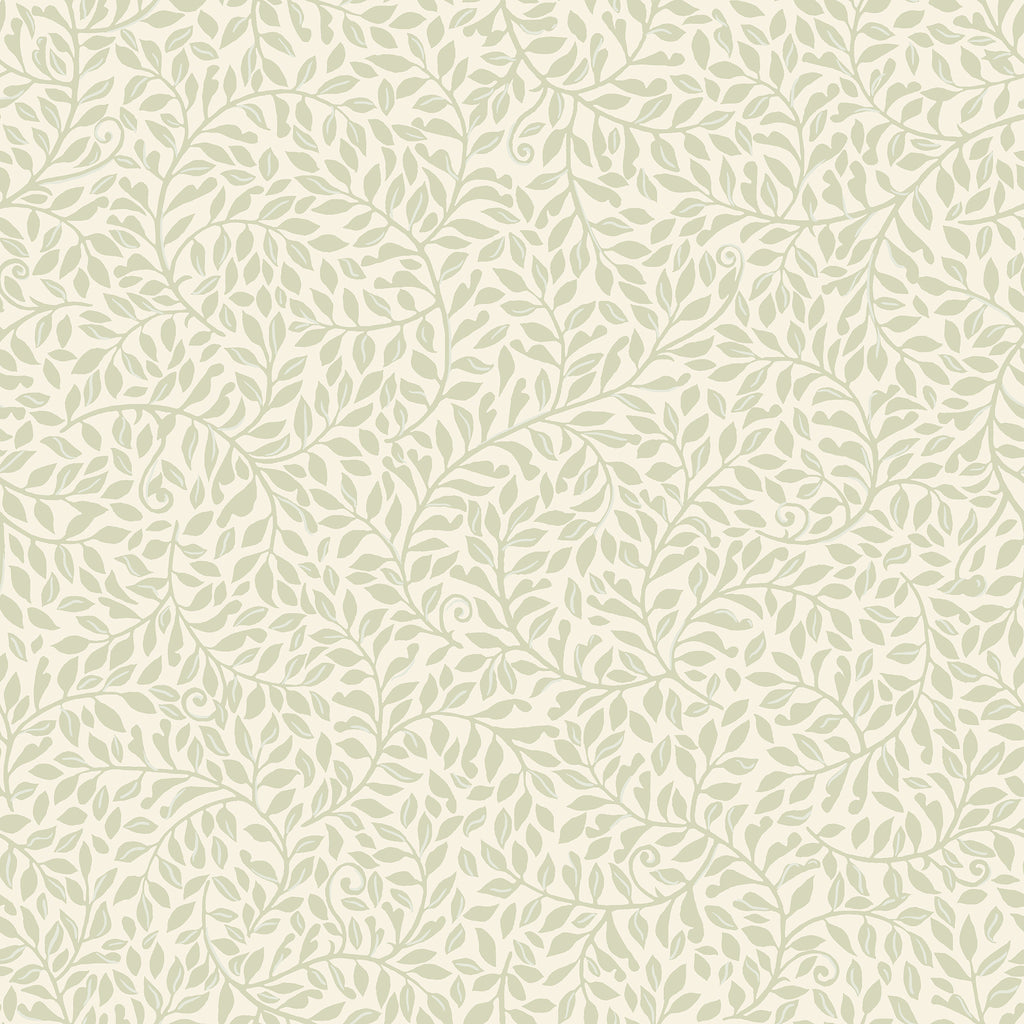 Sigfrid wallpaper by Sandberg, flat swatch of the leaf vine pattern in pale sage green on a cream ground