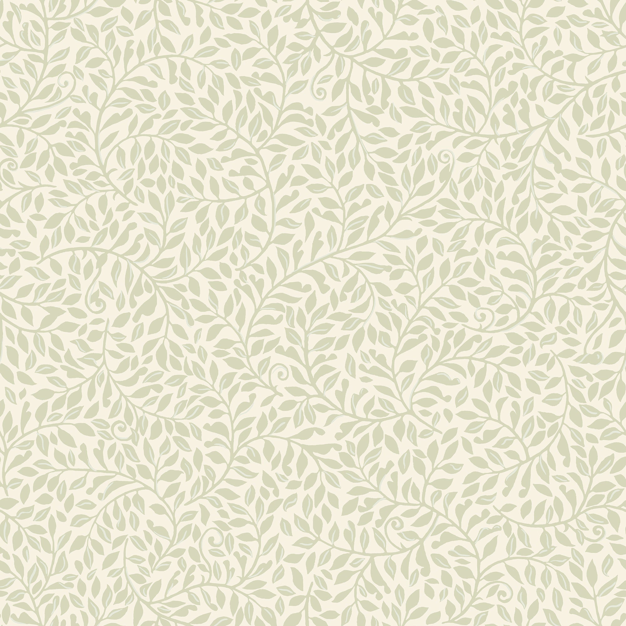 Sigfrid wallpaper by Sandberg, flat swatch of the leaf vine pattern in pale sage green on a cream ground