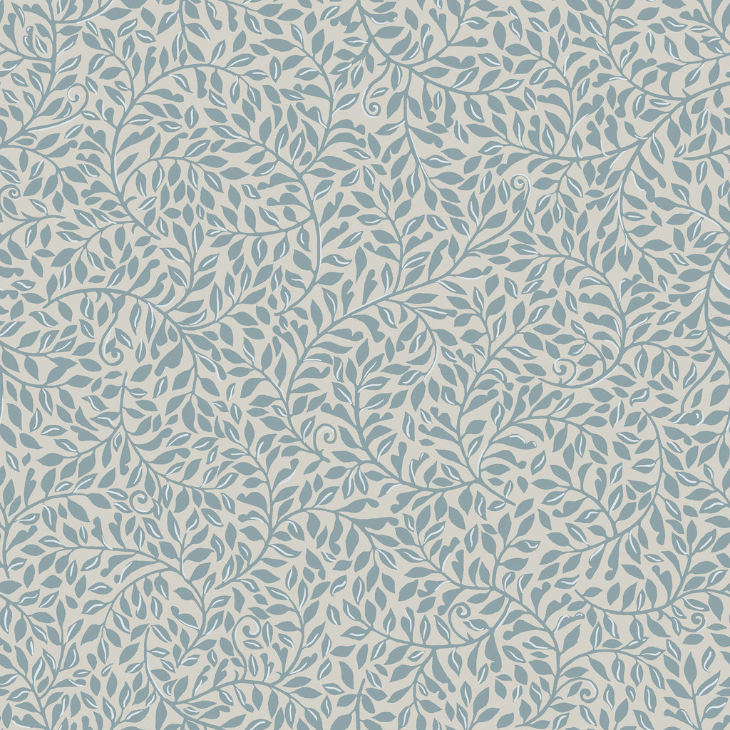 Sigfrid wallpaper by Sandberg, flat swatch of a soft blue-grey trailing leaf vine pattern on a pale cream ground