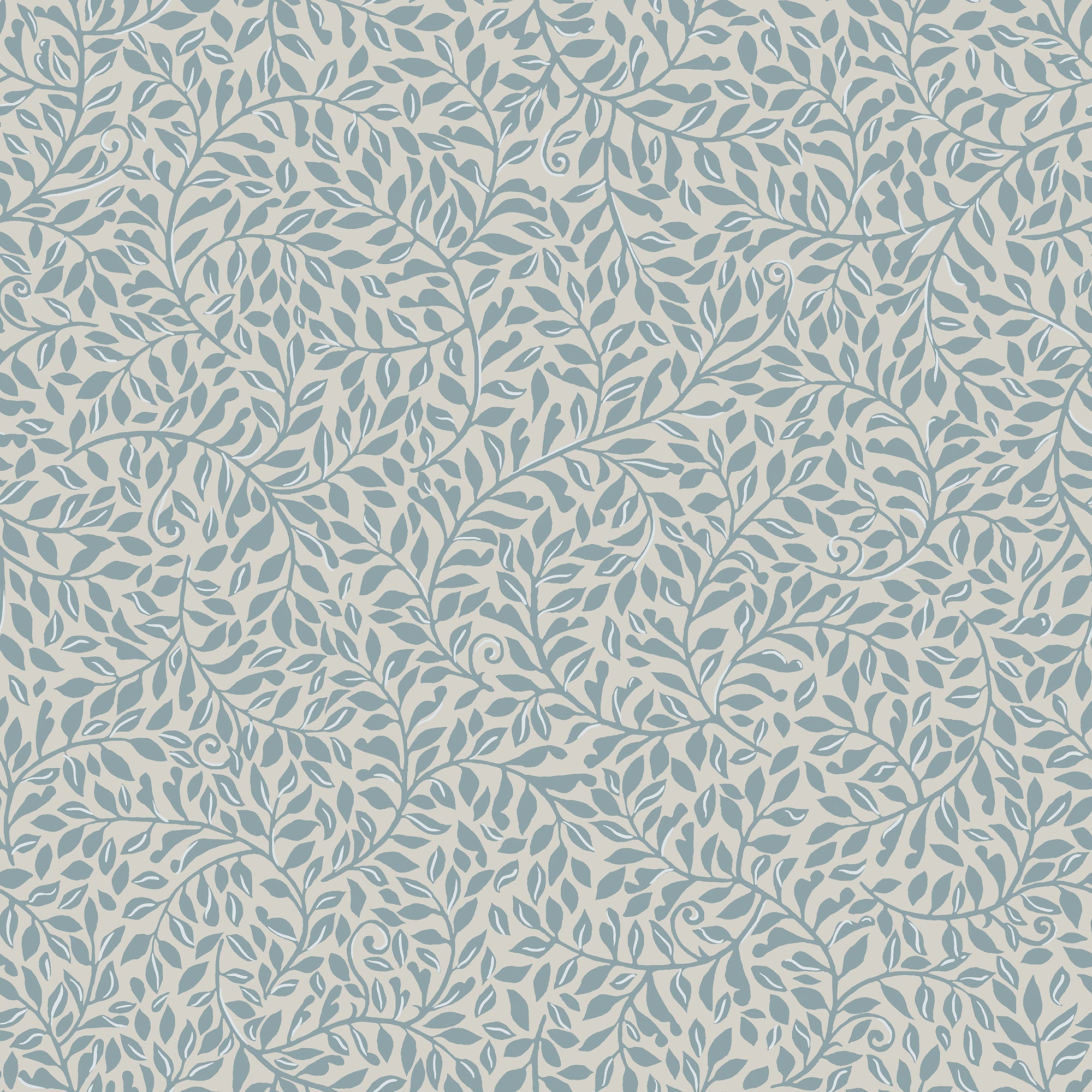 Sigfrid wallpaper by Sandberg, flat swatch of a soft blue-grey trailing leaf vine pattern on a pale cream ground