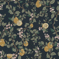 Kvitten wallpaper by Sandberg, golden quinces and pink blossom on trailing branches over a deep navy ground, flat roll swatch
