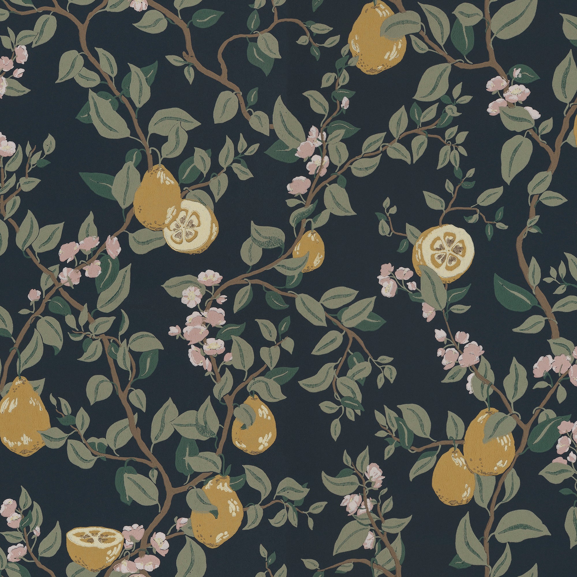 Kvitten wallpaper by Sandberg, golden quinces and pink blossom on trailing branches over a deep navy ground, flat roll swatch
