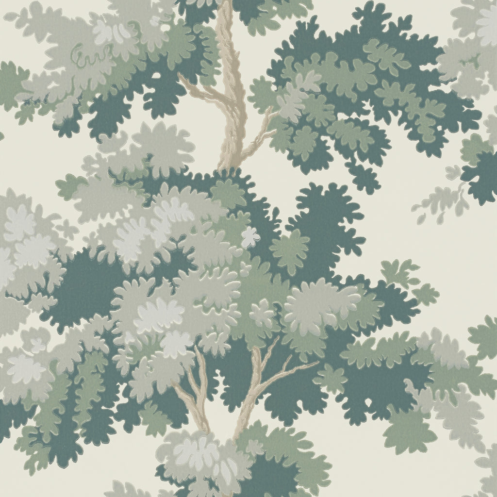 Raphael wallpaper by Sandberg in Green, flat pattern of layered oak-tree canopies on a cream ground