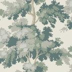 Raphael wallpaper by Sandberg in Green, flat pattern of layered oak-tree canopies on a cream ground