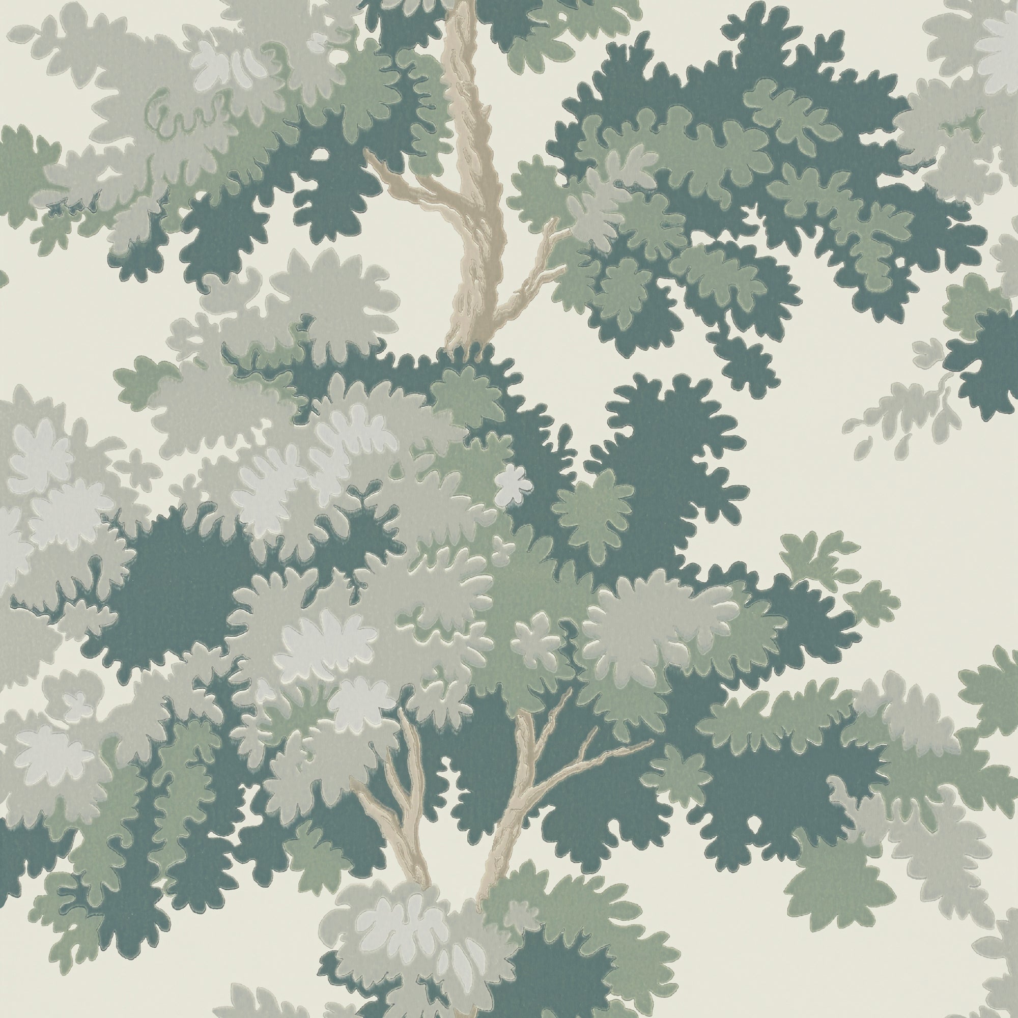 Raphael wallpaper by Sandberg in Green, flat pattern of layered oak-tree canopies on a cream ground