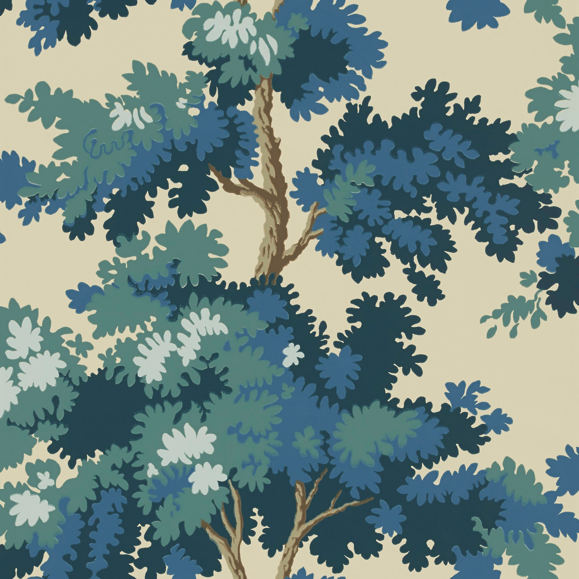 Raphael wallpaper by Sandberg, flat swatch of the blue and green oak-tree print on a warm cream ground