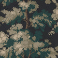 Raphael wallpaper by Sandberg, flat swatch of the dark night-forest oak-tree print in deep green and black