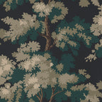 Raphael wallpaper by Sandberg, flat swatch of the dark night-forest oak-tree print in deep green and black