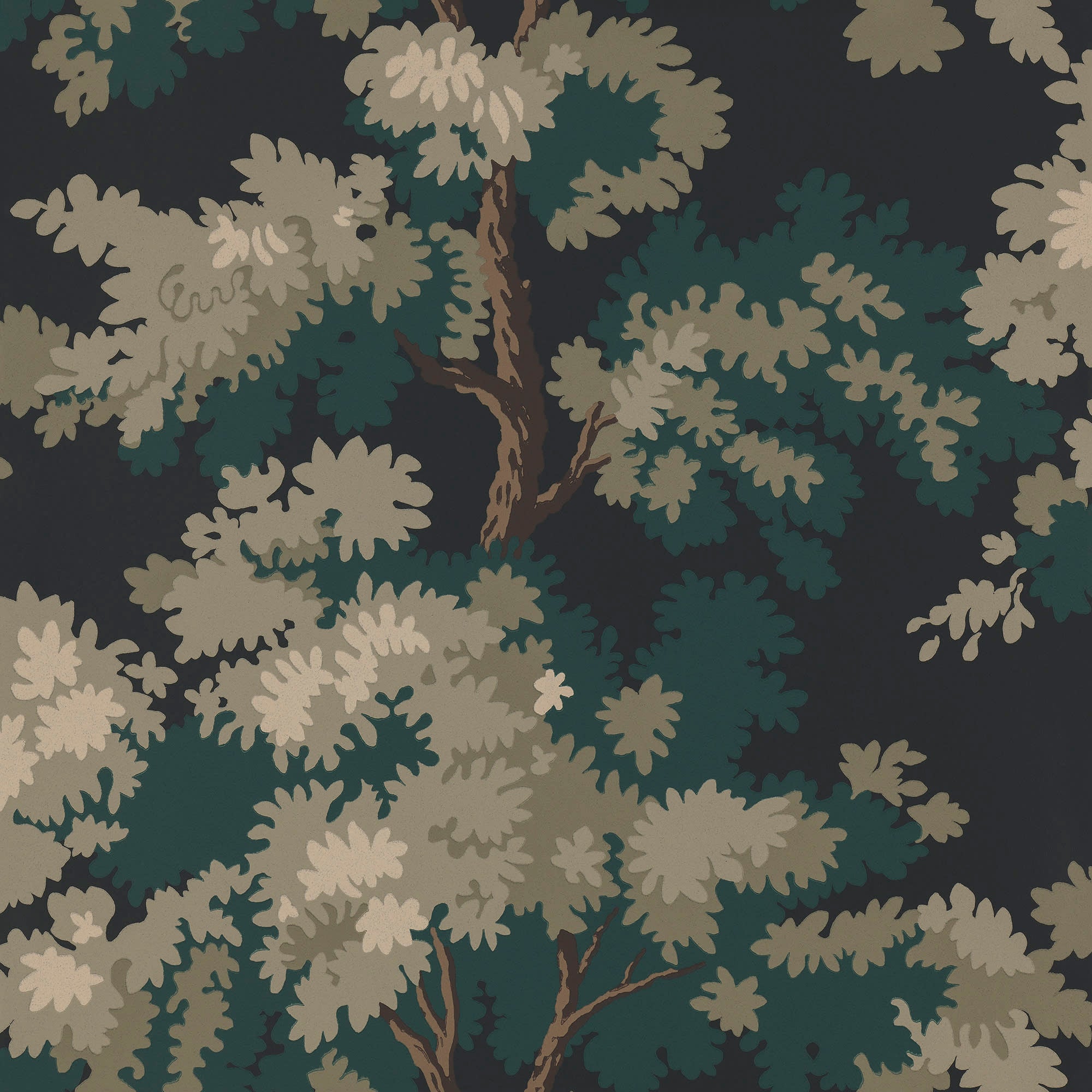 Raphael wallpaper by Sandberg, flat swatch of the dark night-forest oak-tree print in deep green and black