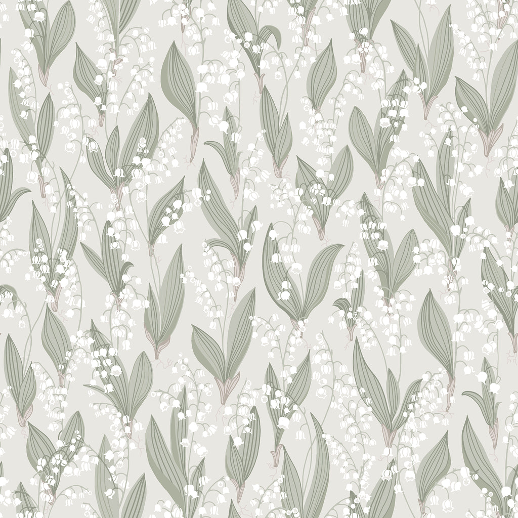 Liljekonvalj wallpaper by Sandberg, white lily-of-the-valley sprigs with sage leaves on a soft grey ground, flat roll swatch