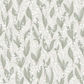 Liljekonvalj wallpaper by Sandberg, white lily-of-the-valley sprigs with sage leaves on a soft grey ground, flat roll swatch