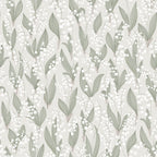 Liljekonvalj wallpaper by Sandberg, white lily-of-the-valley sprigs with sage leaves on a soft grey ground, flat roll swatch