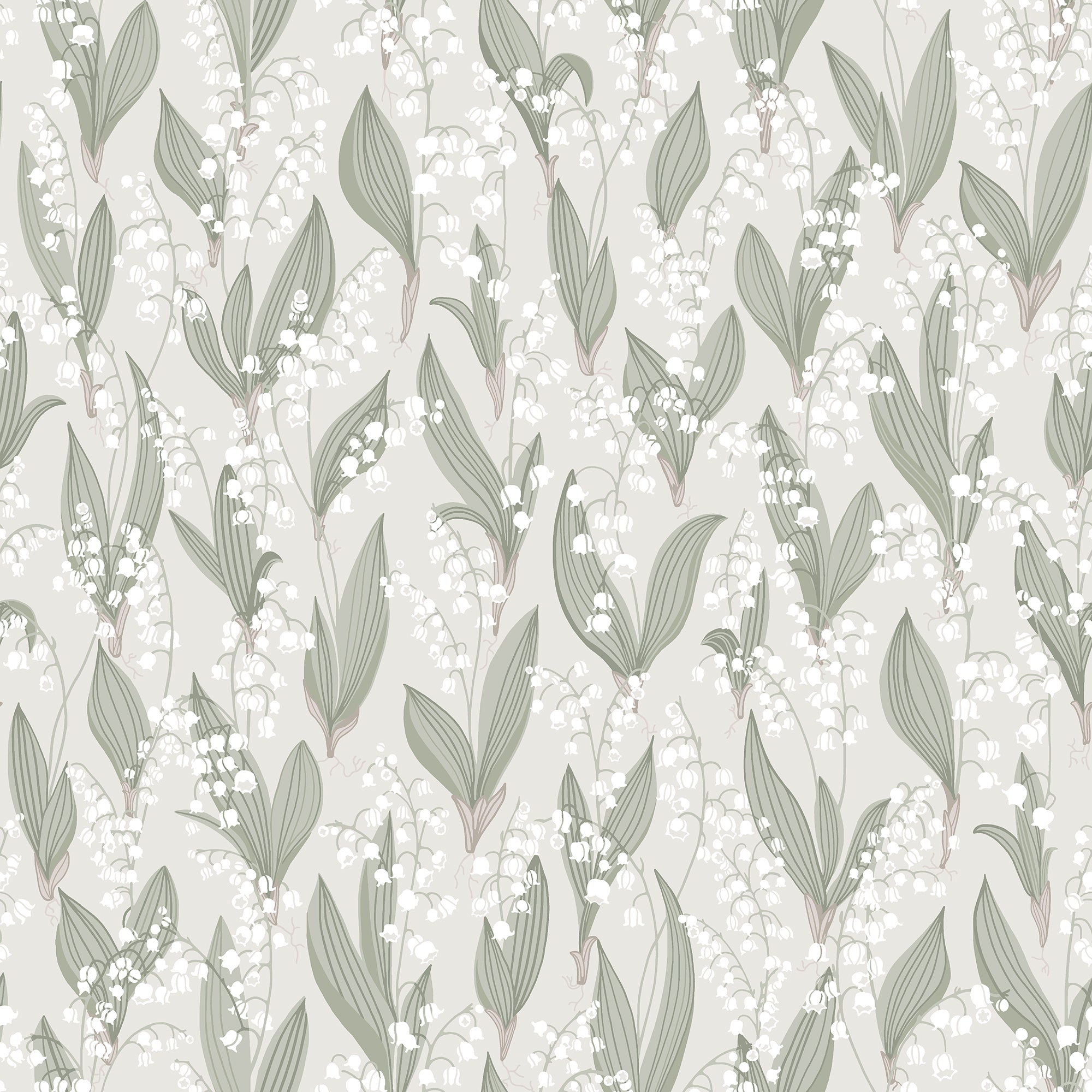 Liljekonvalj wallpaper by Sandberg, white lily-of-the-valley sprigs with sage leaves on a soft grey ground, flat roll swatch
