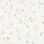 Sanna Sweet Pea wallpaper by Sandberg, white ground with pink blooms and green trailing vines, flat swatch