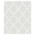Wilma wallpaper by Sandberg, flat swatch of the leafy wreath trellis in white on a soft grey ground