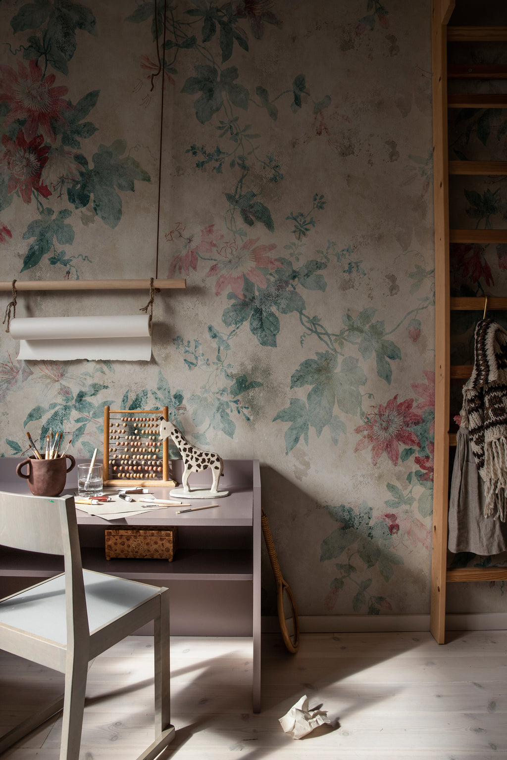 Faded Passion wall mural by Sandberg, vintage passionflower vines in pink and teal on aged greige in a childs study