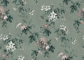 Faded Passion wall mural by Sandberg, full design of white and pink passionflowers on sage green