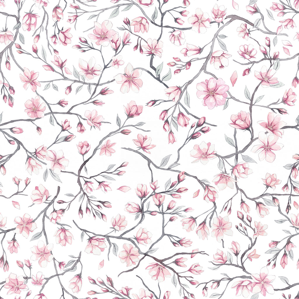 Sakura Cherry Blossom wallpaper by Sandberg, flat swatch of pink watercolour cherry blossom branches on white
