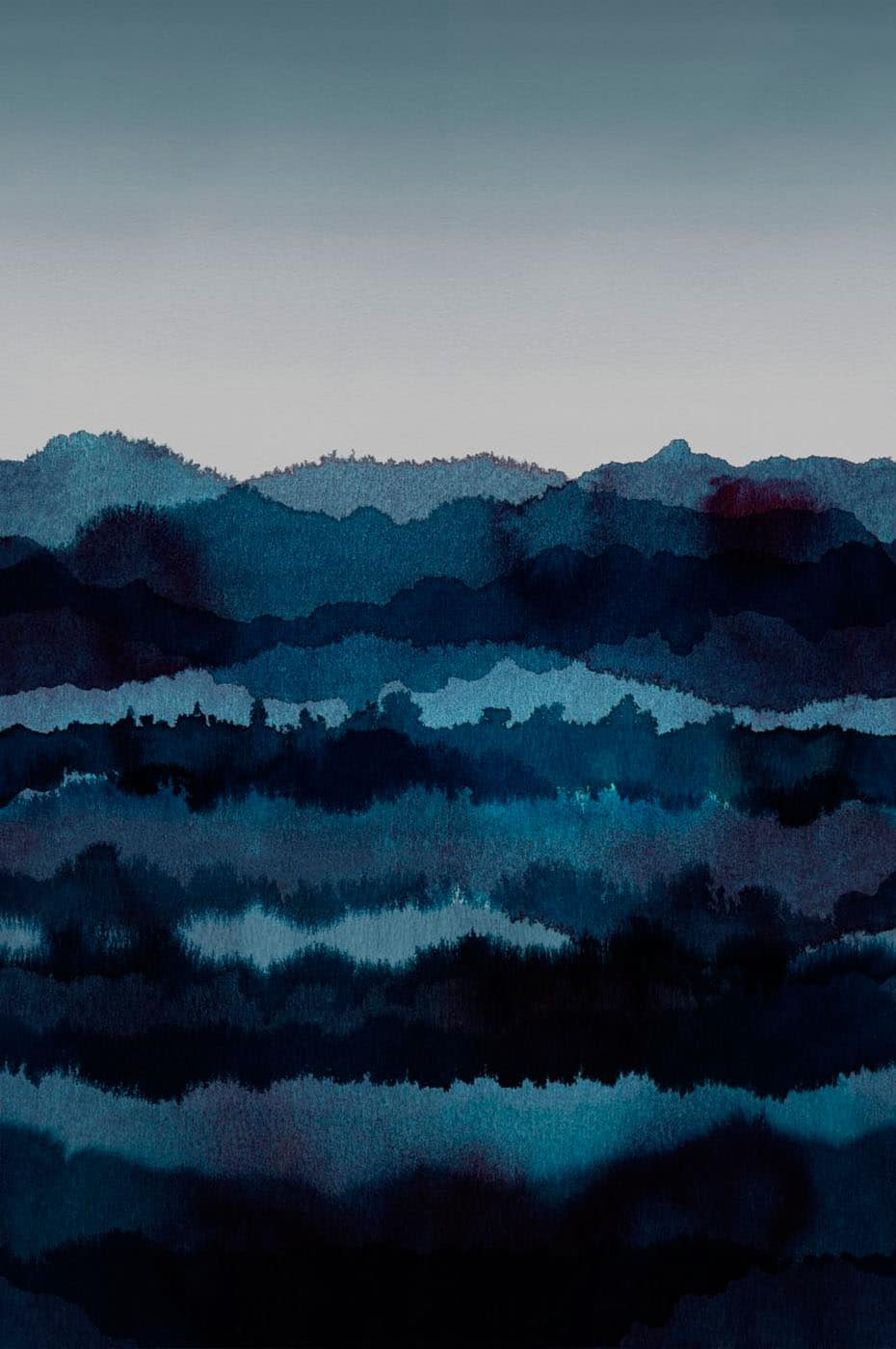 Midnatt wall mural by Sandberg, deep indigo blue watercolour mountain layers fading to pale sky, full panel view
