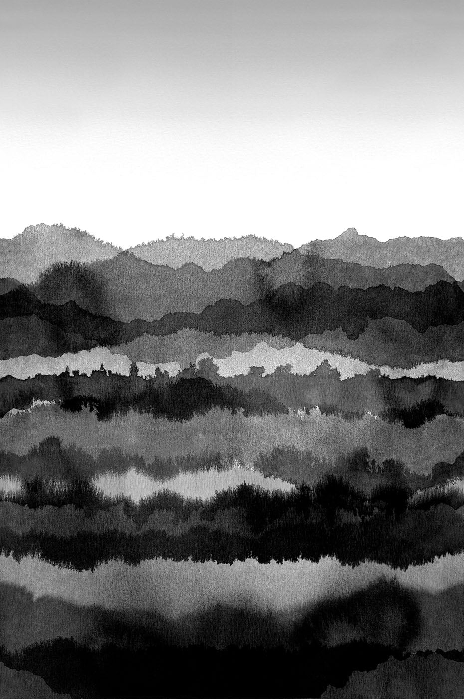 Midnatt wall mural by Sandberg, black and grey watercolour mountain layers fading to white, full panel view