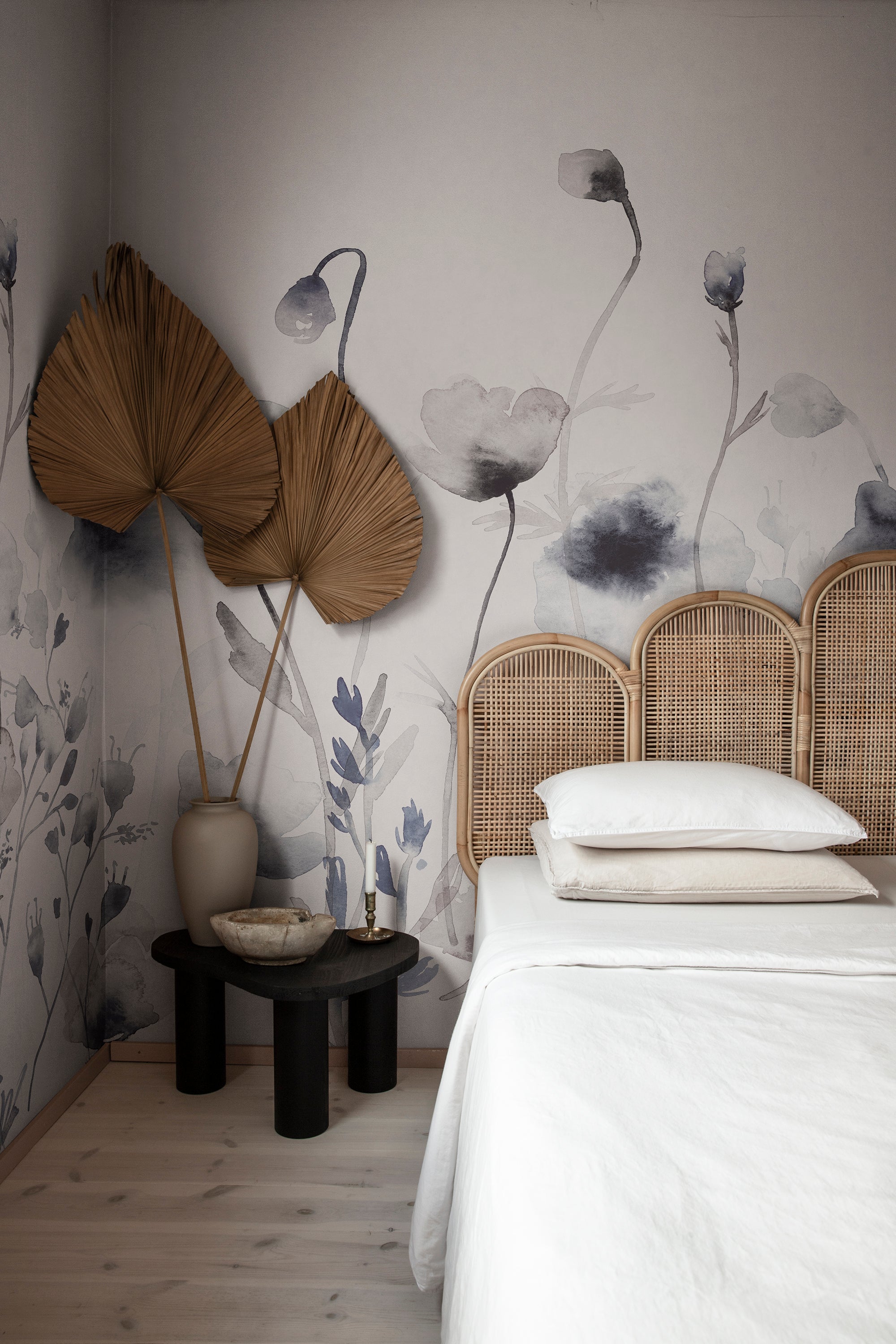 Morangen wallpaper by Sandberg in Blue, styled on an interior wall