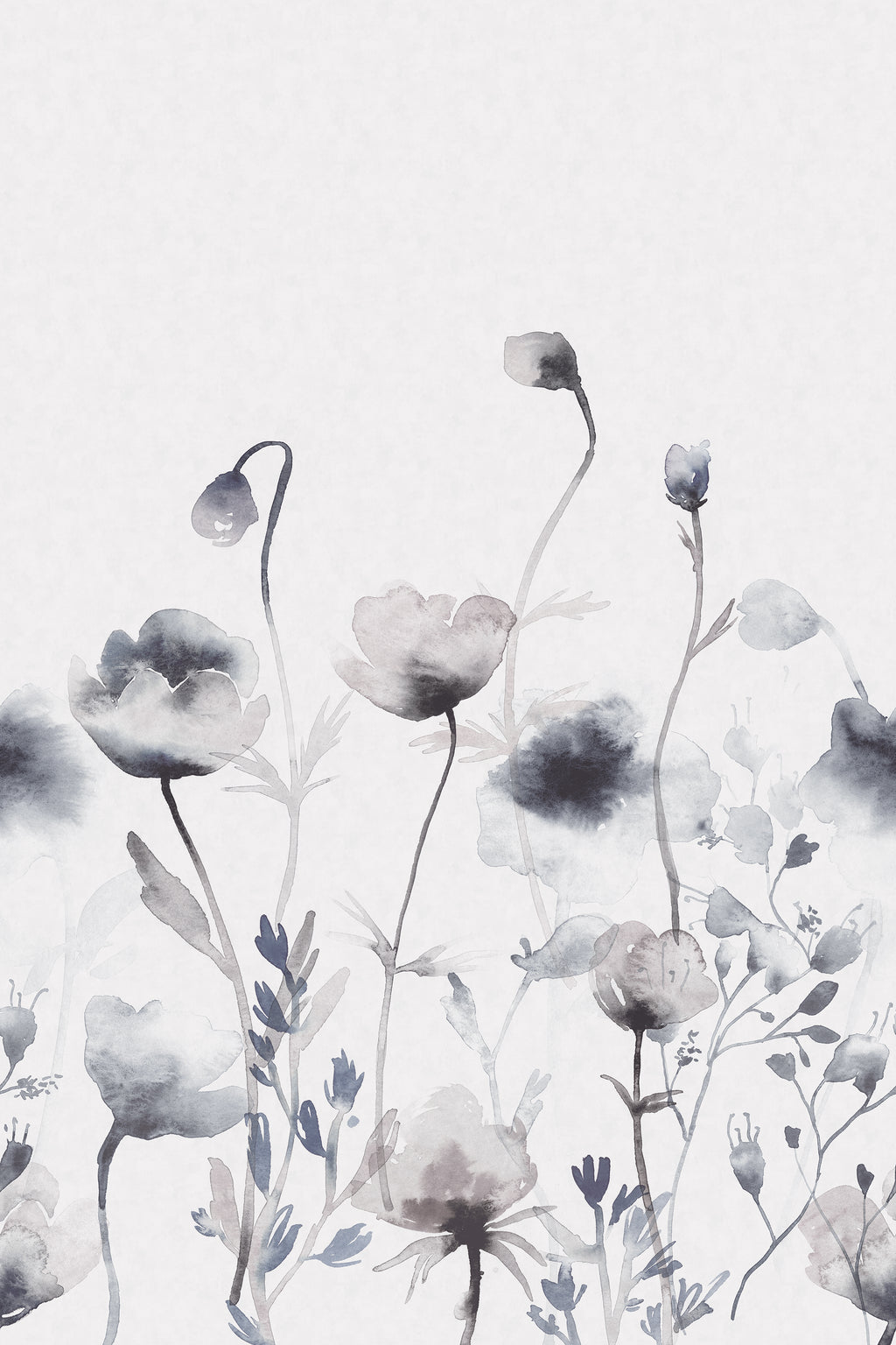 Morängen Floral wall mural by Sandberg shown flat in grey-blue, watercolour poppies and meadow flowers on a pale ground