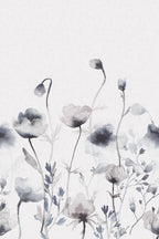 Morängen Floral wall mural by Sandberg shown flat in grey-blue, watercolour poppies and meadow flowers on a pale ground