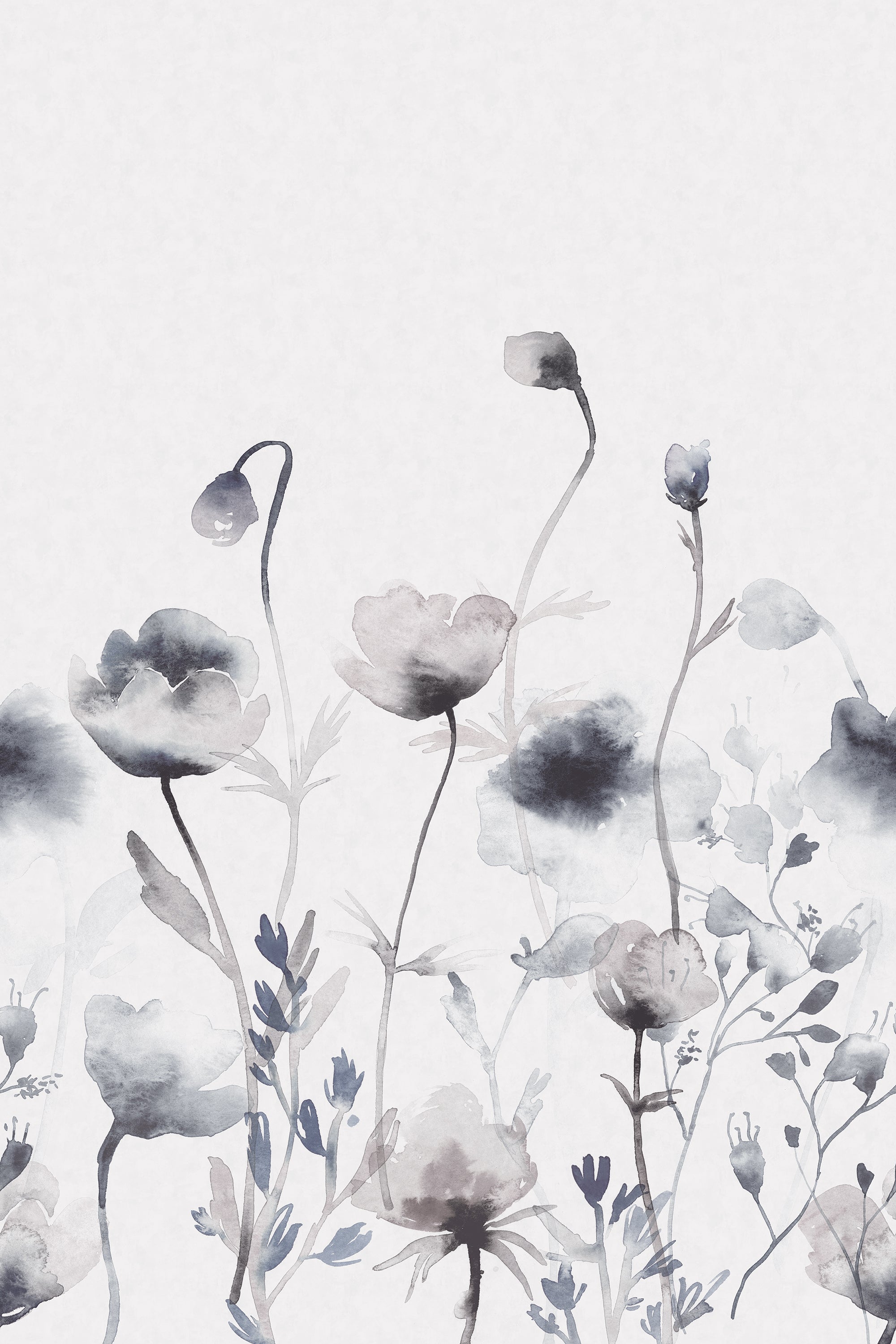 Morängen Floral wall mural by Sandberg shown flat in grey-blue, watercolour poppies and meadow flowers on a pale ground