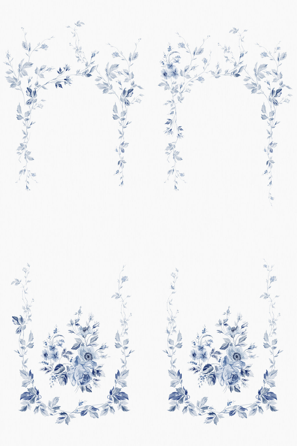 Marieberg wall mural by Sandberg, flat panels of blue-and-white chinoiserie rose garlands on white
