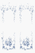 Marieberg wall mural by Sandberg, flat panels of blue-and-white chinoiserie rose garlands on white