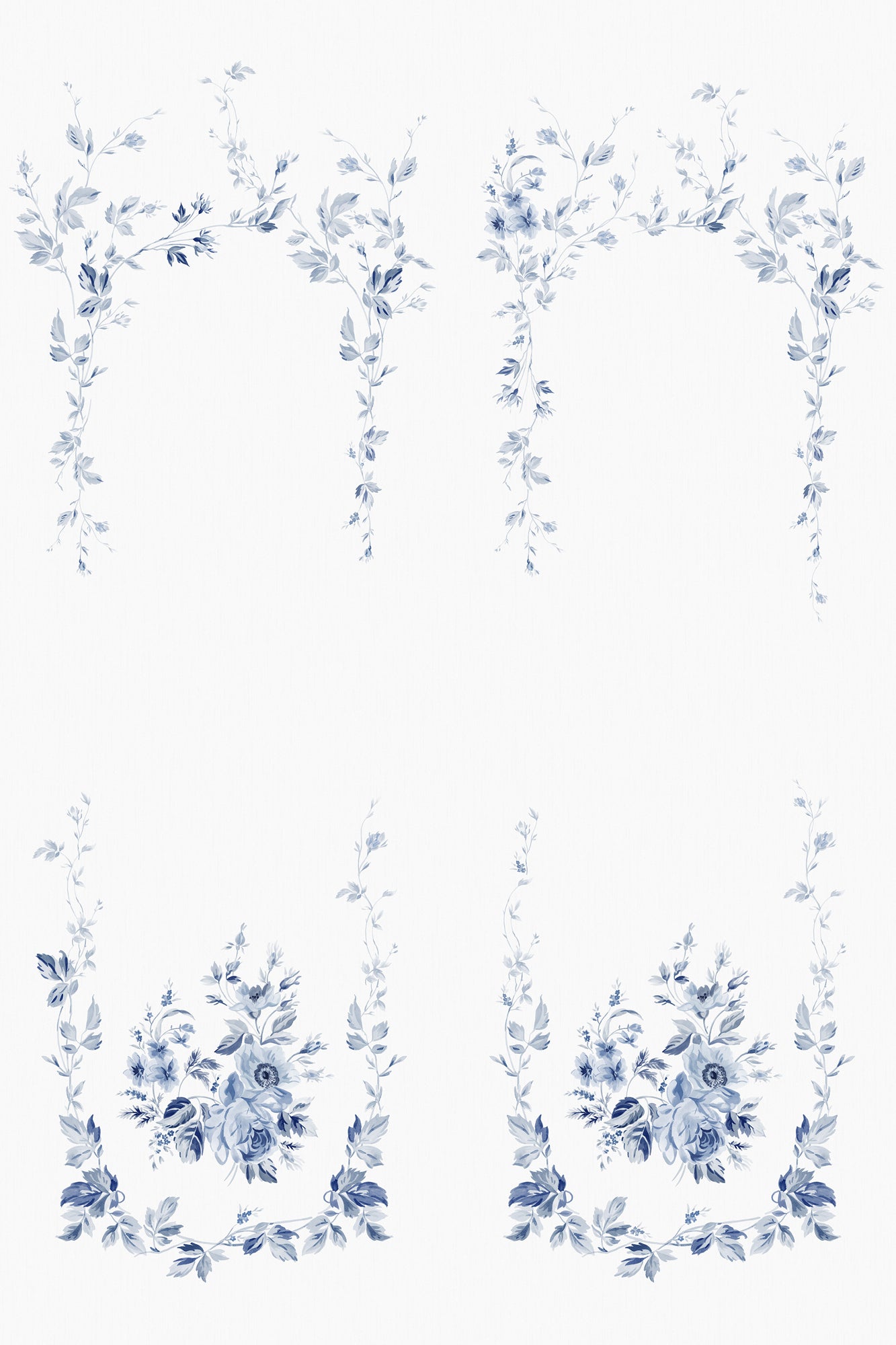 Marieberg wall mural by Sandberg, flat panels of blue-and-white chinoiserie rose garlands on white