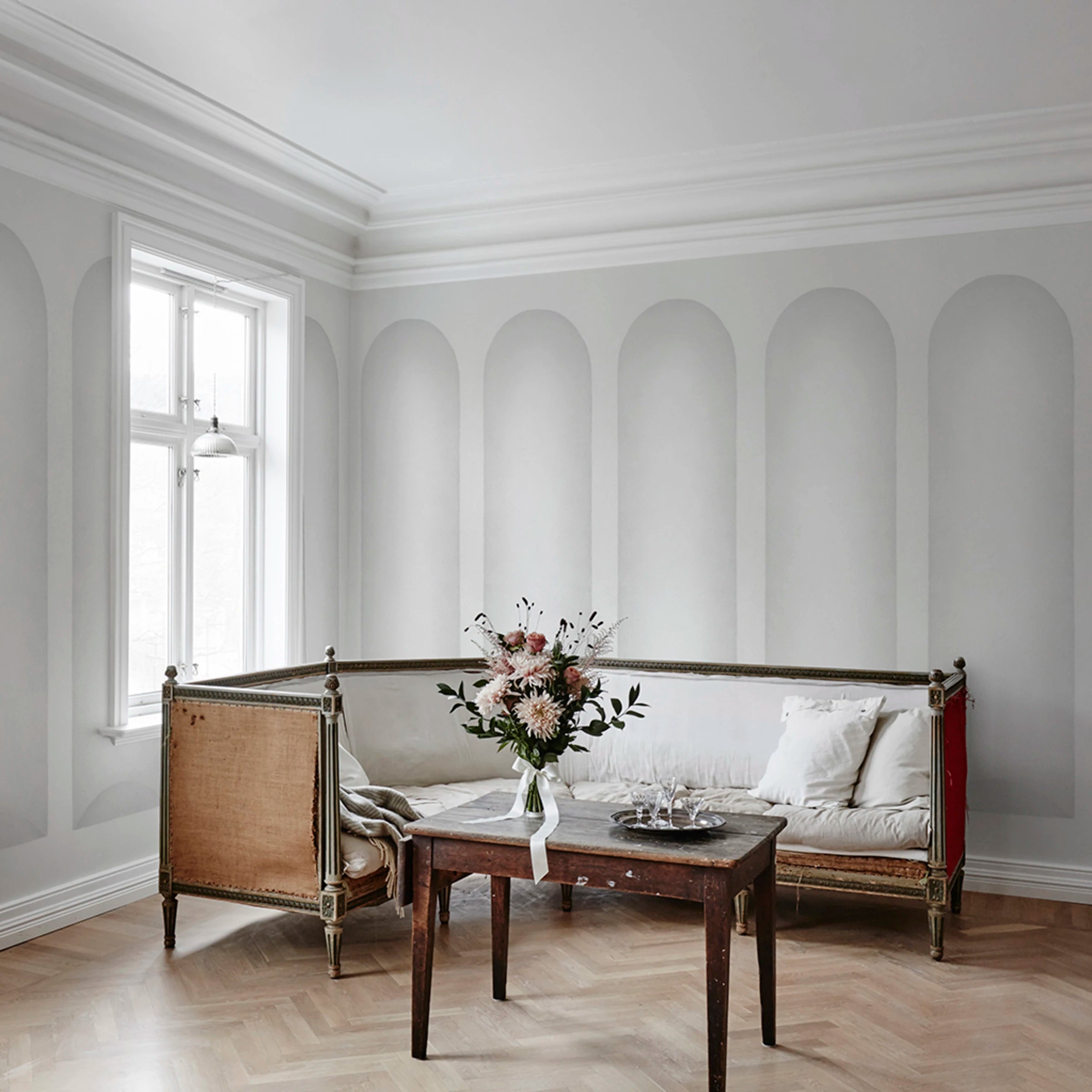 Ljung wall mural by Sandberg – abstract design, Light Grey – styled in a room setting