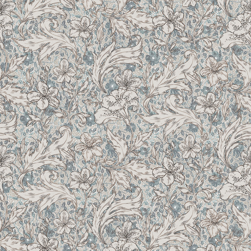 Mattias wallpaper by Sandberg, flat swatch of the blue and grey lily and leaf scroll pattern on cream